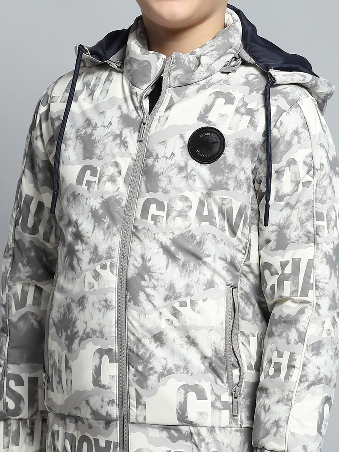 Boys Grey Printed Detachable Hood Full Sleeve Jacket