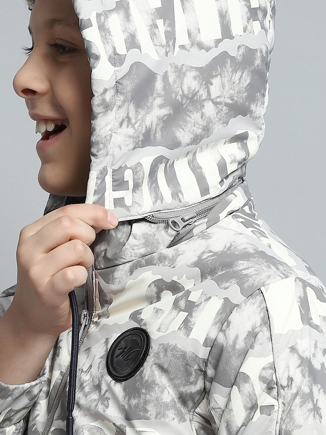 Boys Grey Printed Detachable Hood Full Sleeve Jacket
