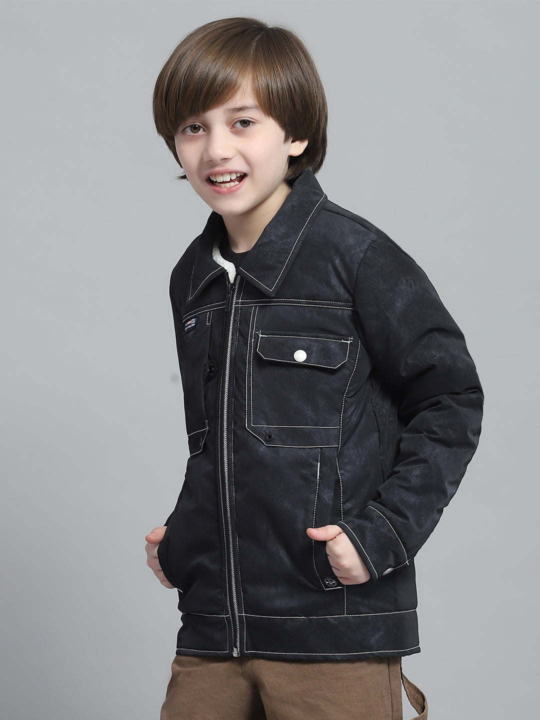 Boys Charcoal Solid Collar Full Sleeve Jacket