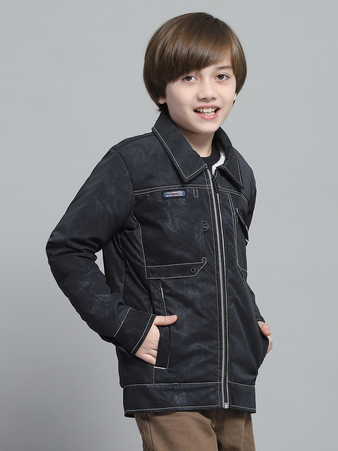 Boys Charcoal Solid Collar Full Sleeve Jacket