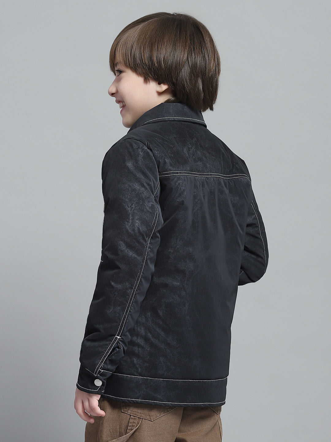 Boys Charcoal Solid Collar Full Sleeve Jacket