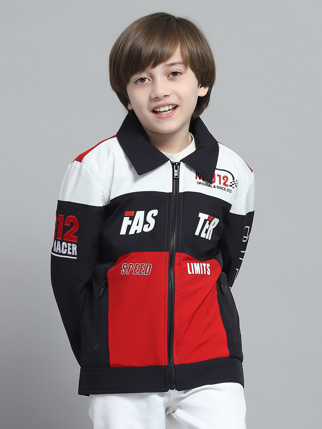 Boys Navy Blue Printed Collar Full Sleeve Jacket