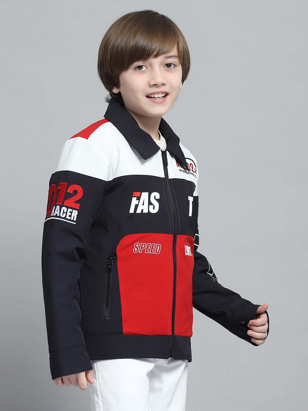 Boys Navy Blue Printed Collar Full Sleeve Jacket