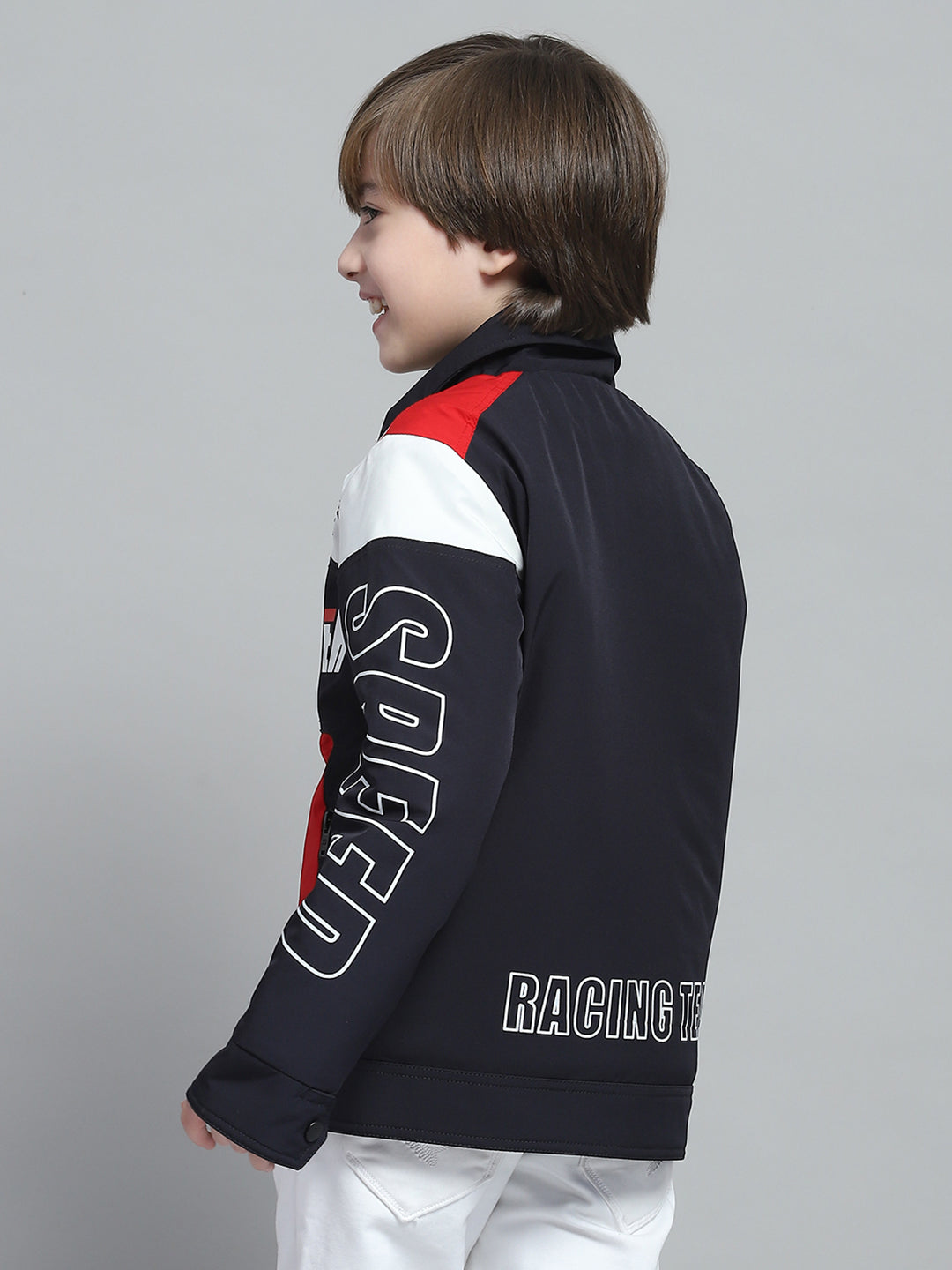 Boys Navy Blue Printed Collar Full Sleeve Jacket