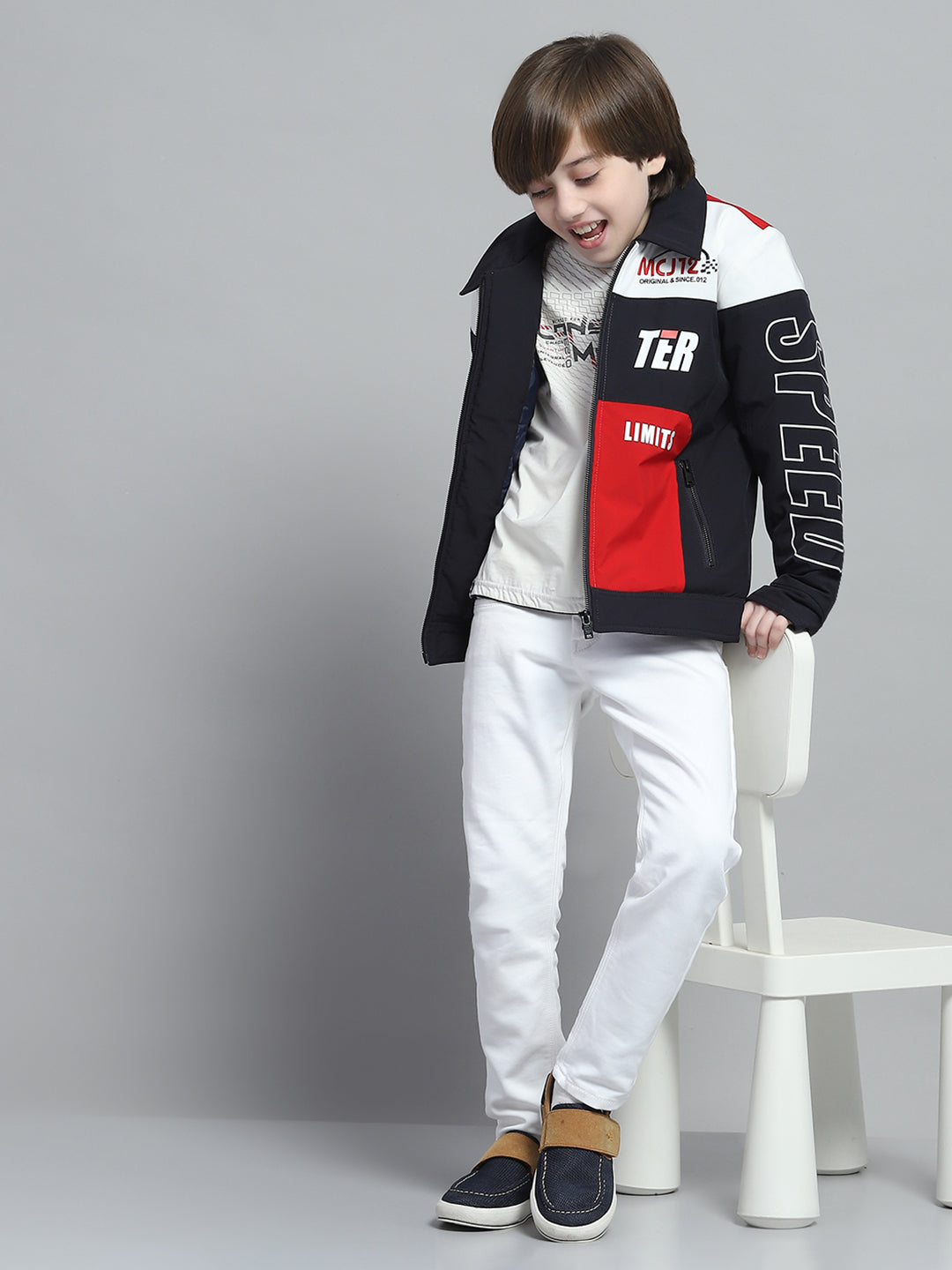 Boys Navy Blue Printed Collar Full Sleeve Jacket
