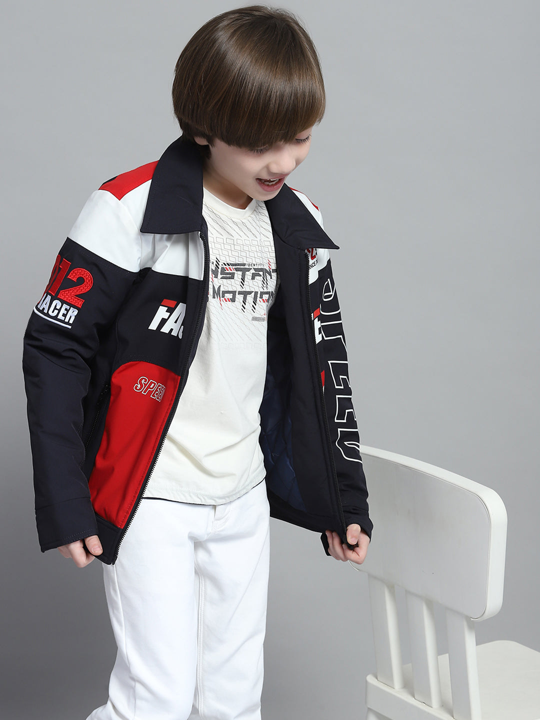 Boys Navy Blue Printed Collar Full Sleeve Jacket