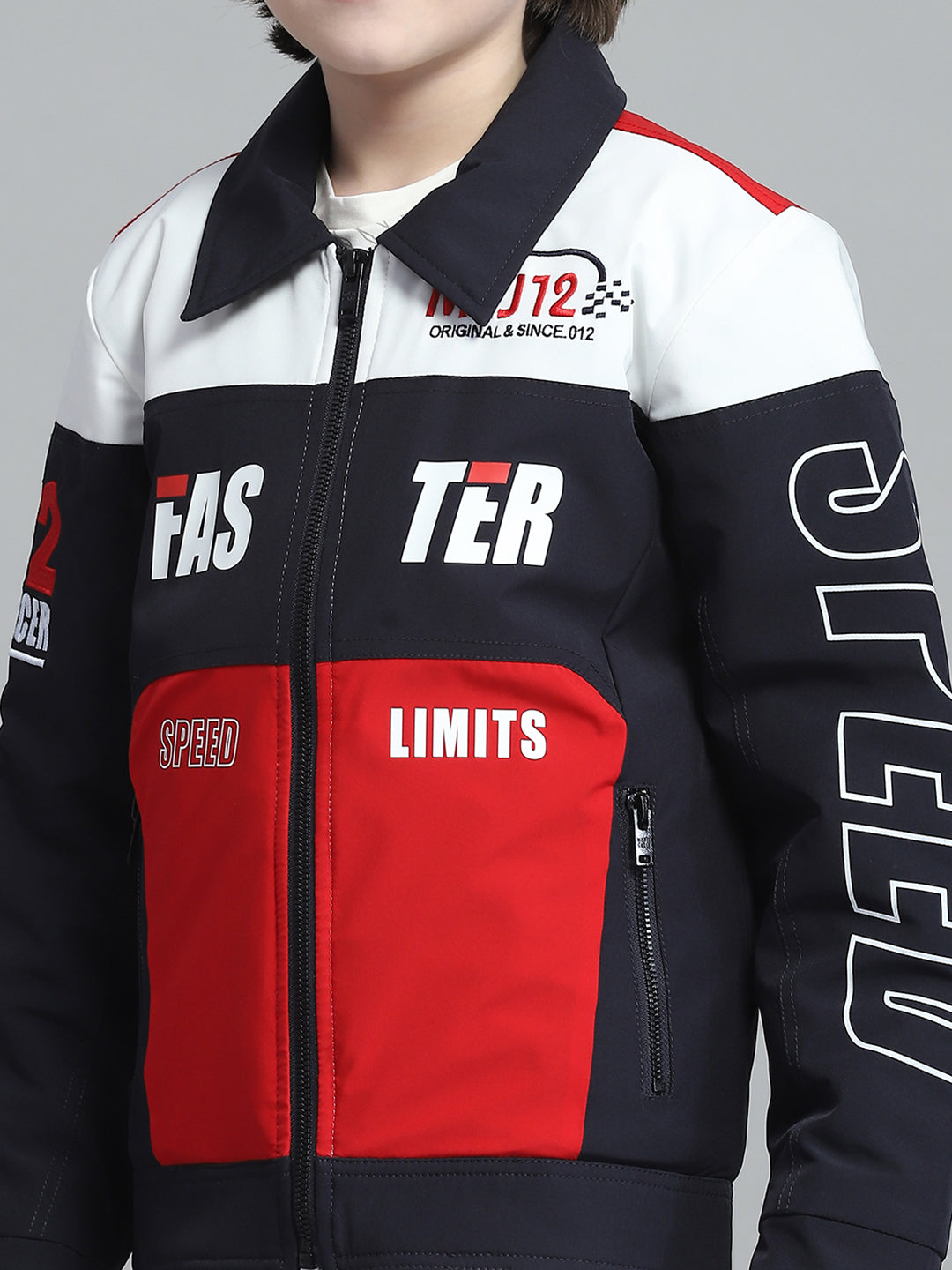 Boys Navy Blue Printed Collar Full Sleeve Jacket