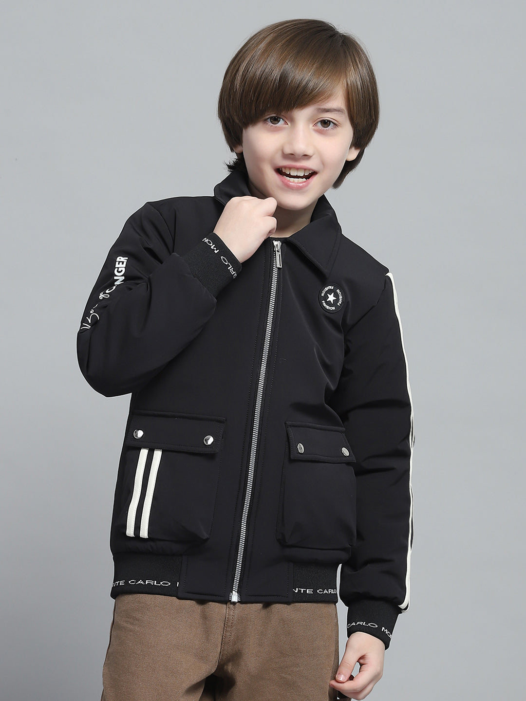 Boys Black Solid Collar Full Sleeve Jacket