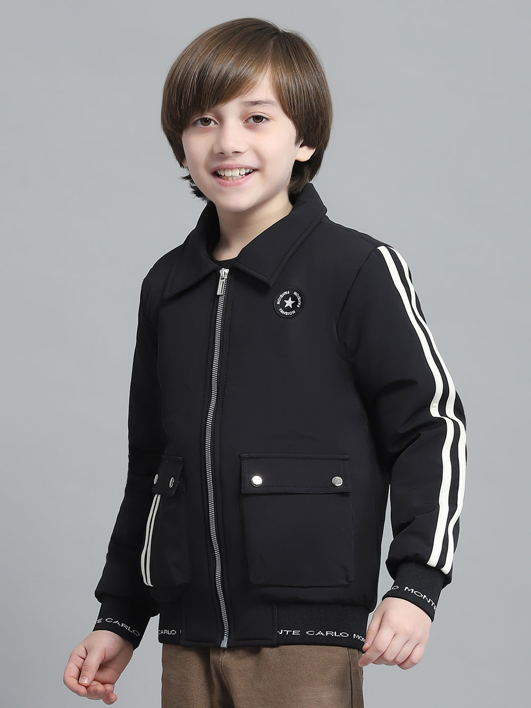 Boys Black Solid Collar Full Sleeve Jacket