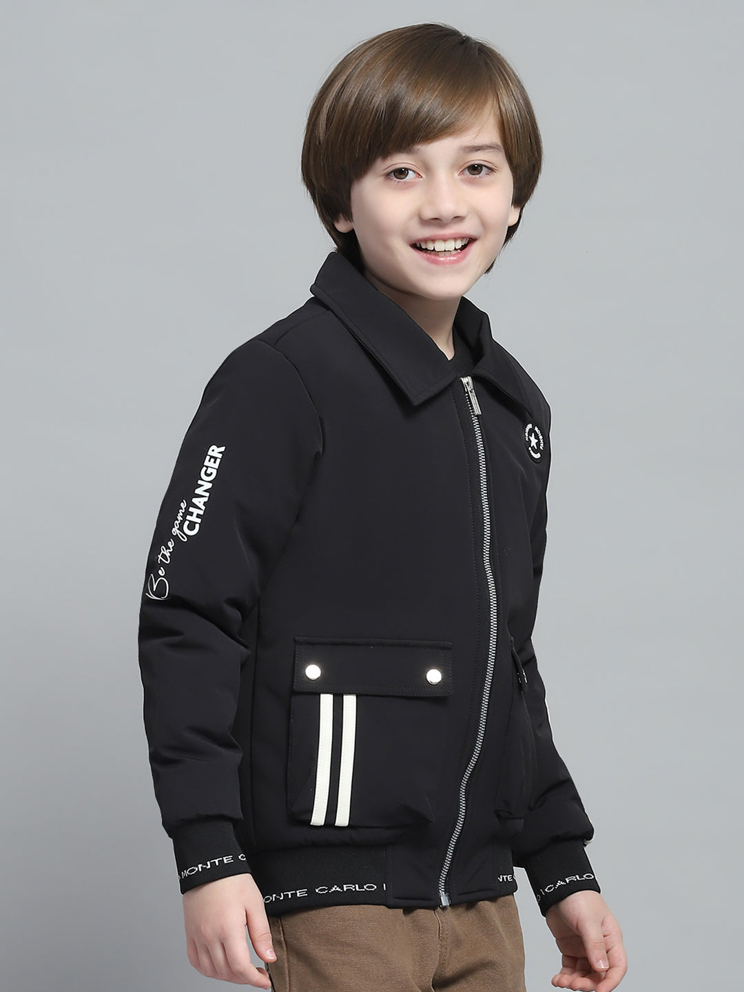 Boys Black Solid Collar Full Sleeve Jacket