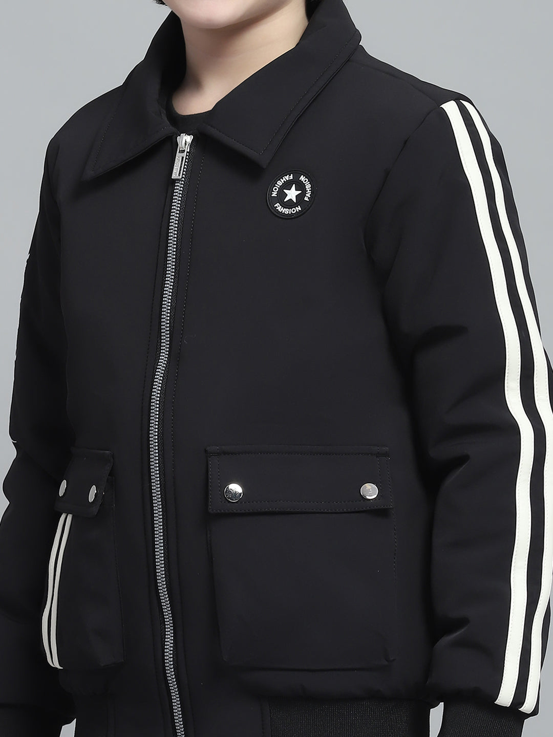 Boys Black Solid Collar Full Sleeve Jacket