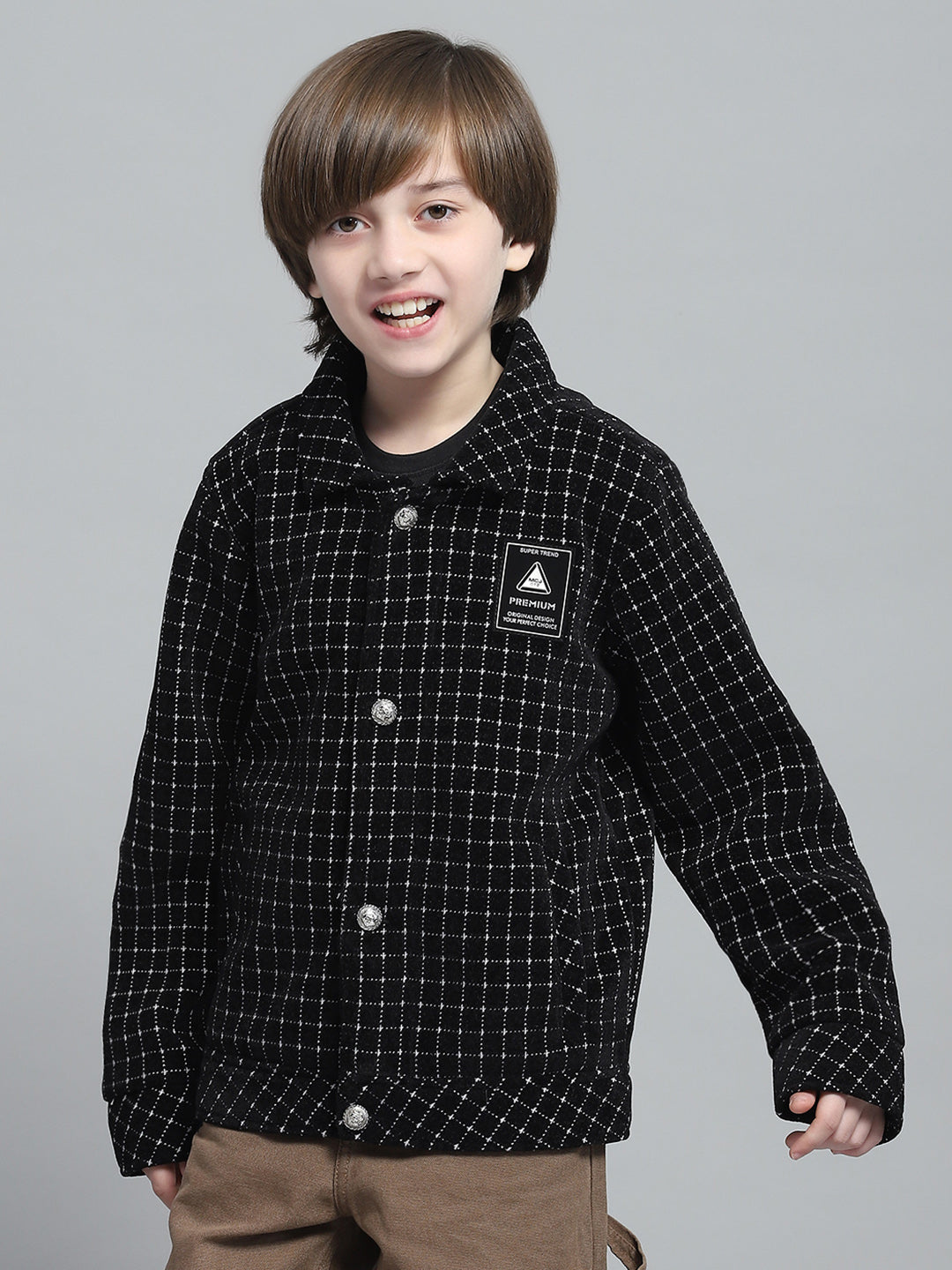 Boys Black Check Collar Full Sleeve Jacket
