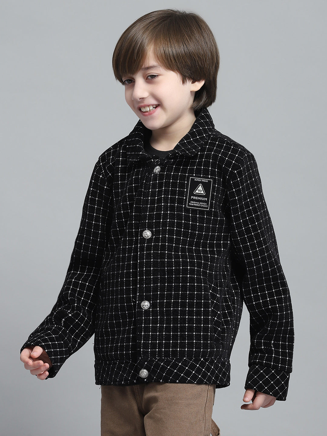 Boys Black Check Collar Full Sleeve Jacket