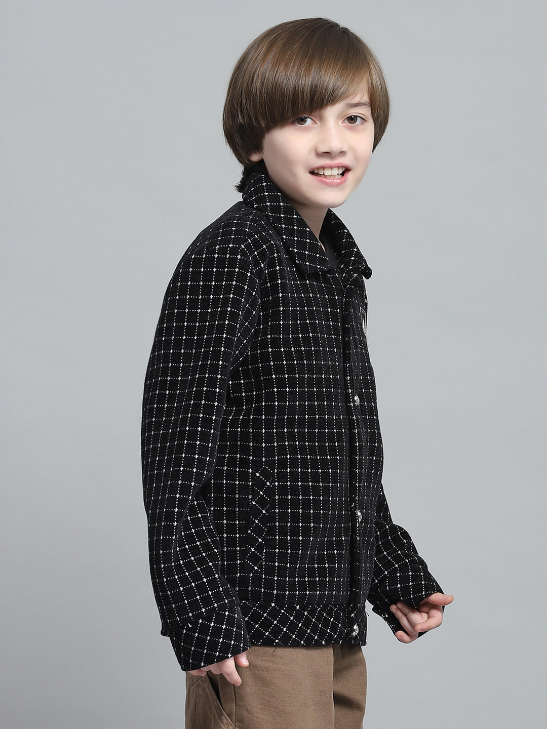 Boys Black Check Collar Full Sleeve Jacket