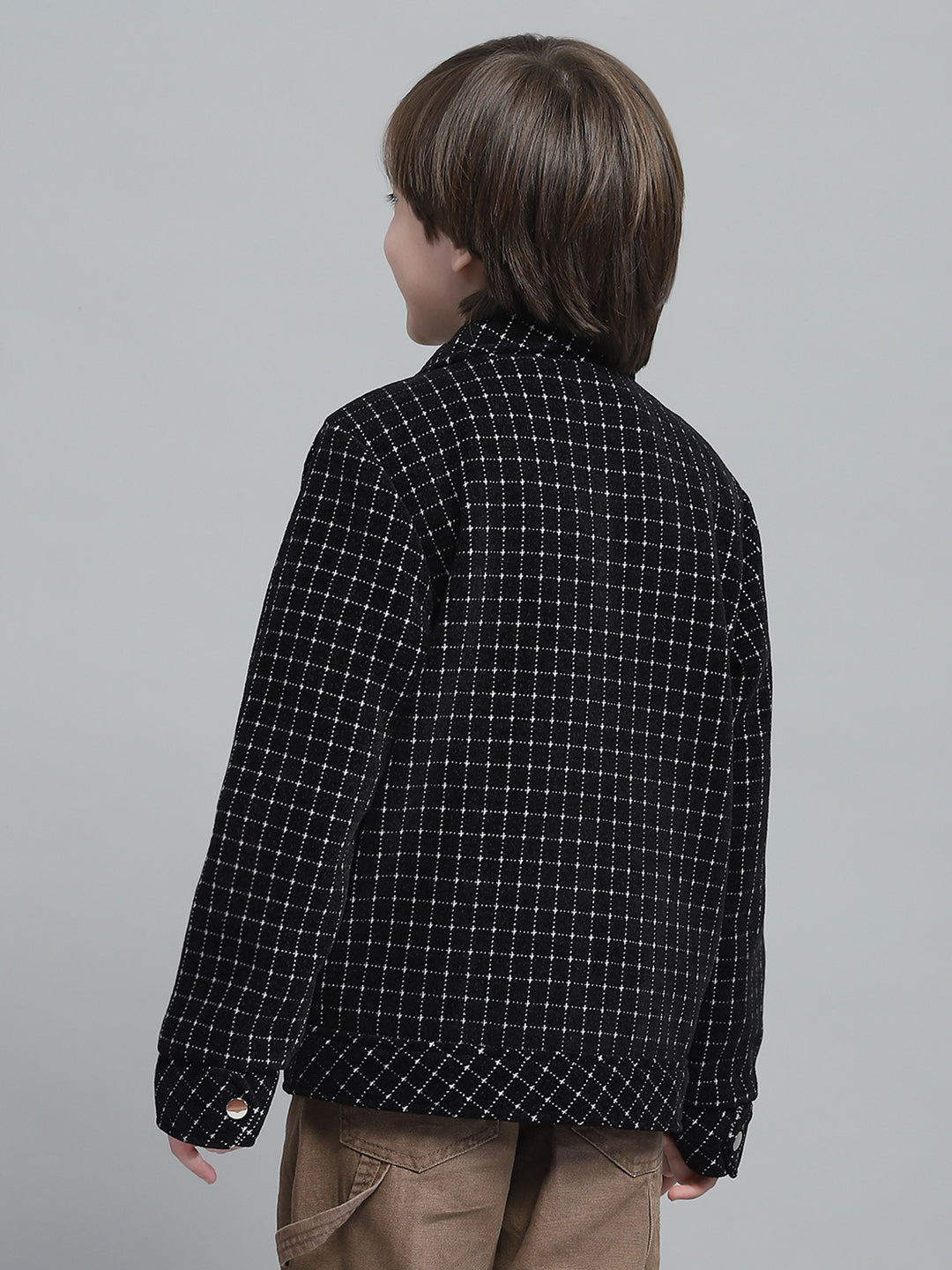 Boys Black Check Collar Full Sleeve Jacket
