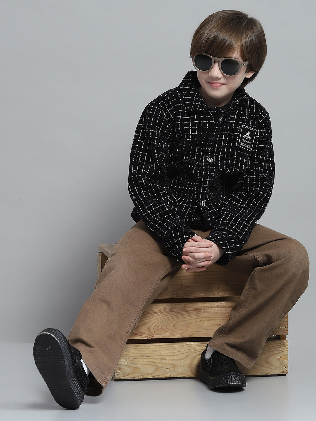 Boys Black Check Collar Full Sleeve Jacket
