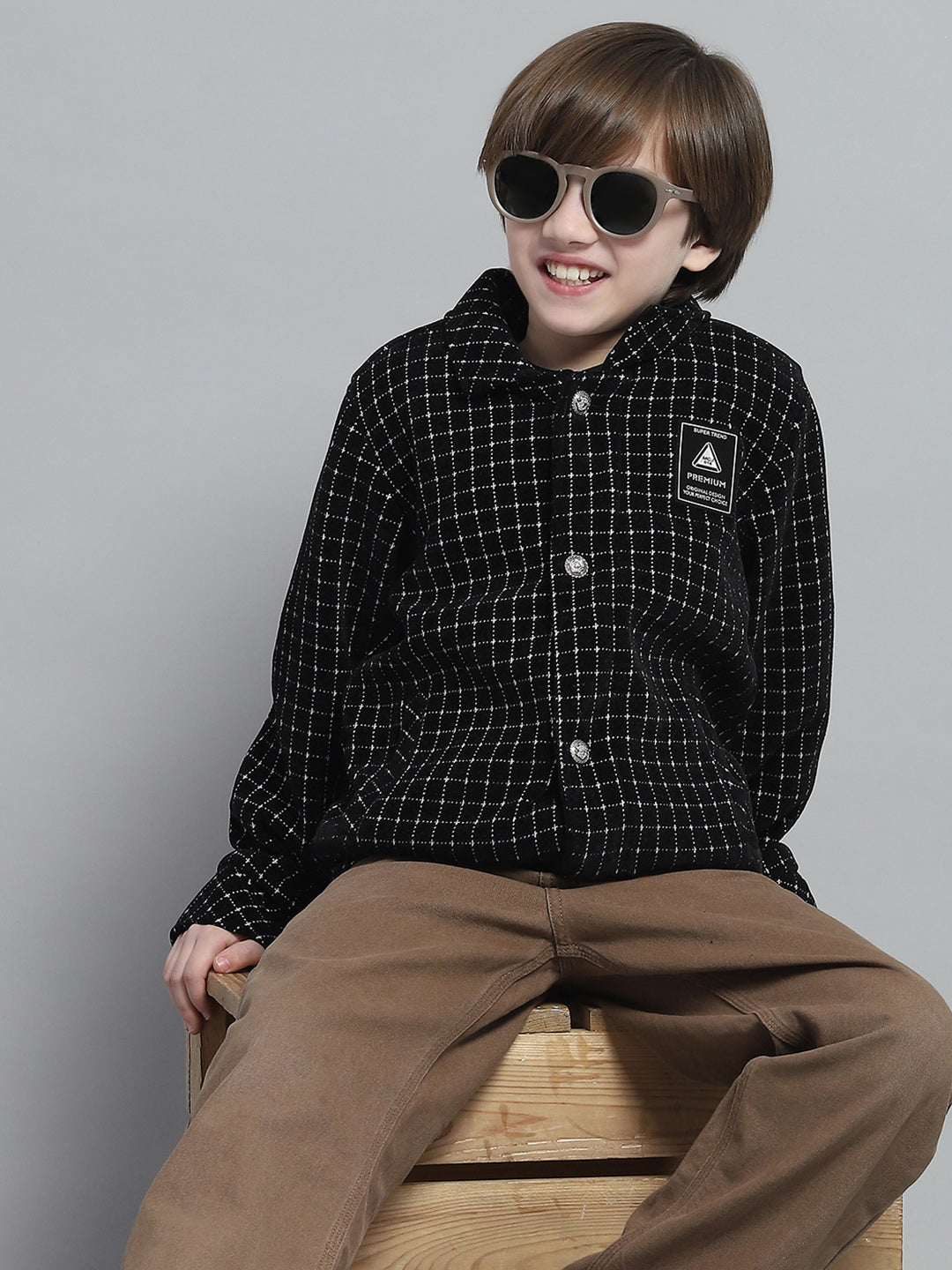 Boys Black Check Collar Full Sleeve Jacket