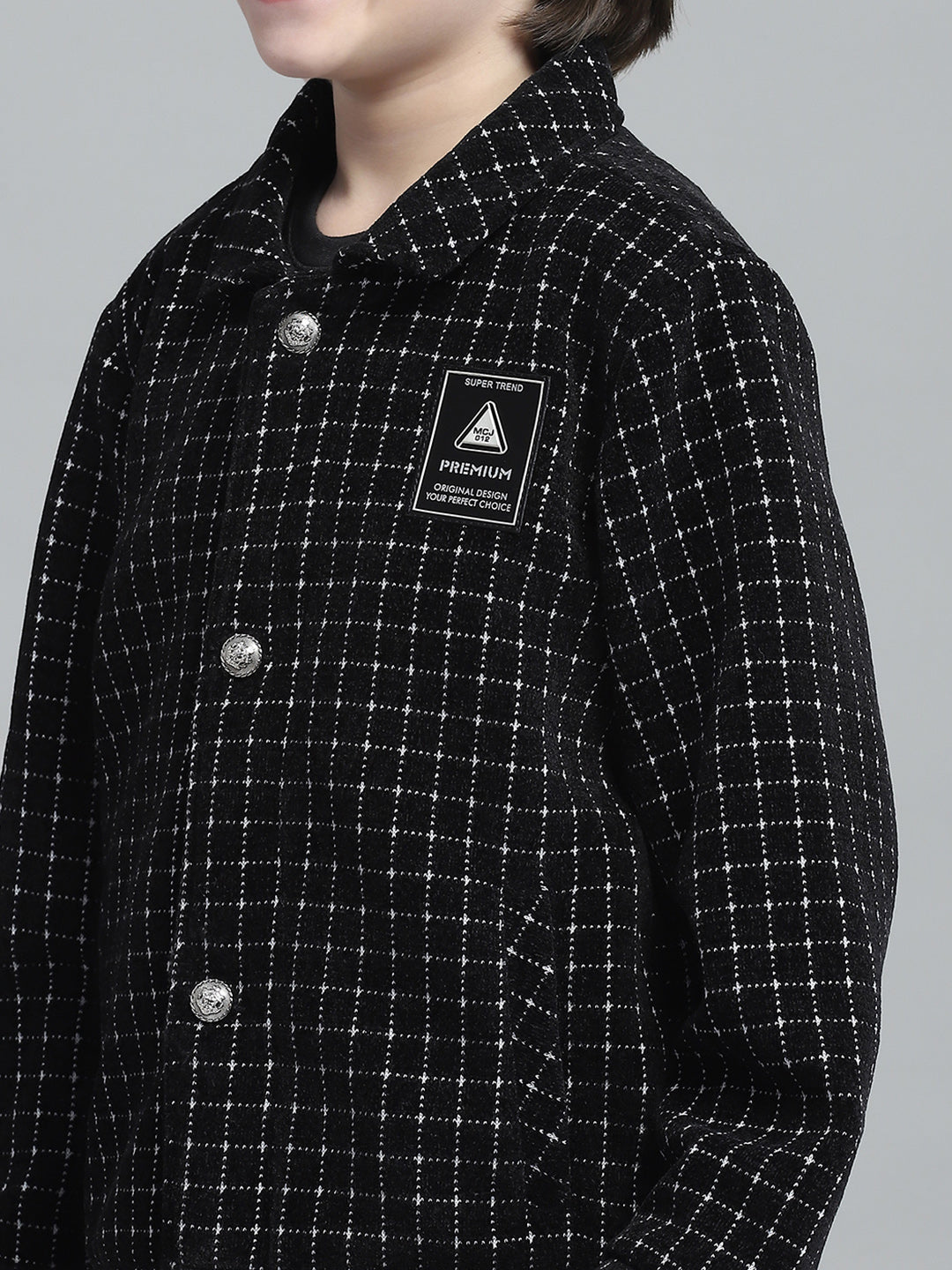 Boys Black Check Collar Full Sleeve Jacket
