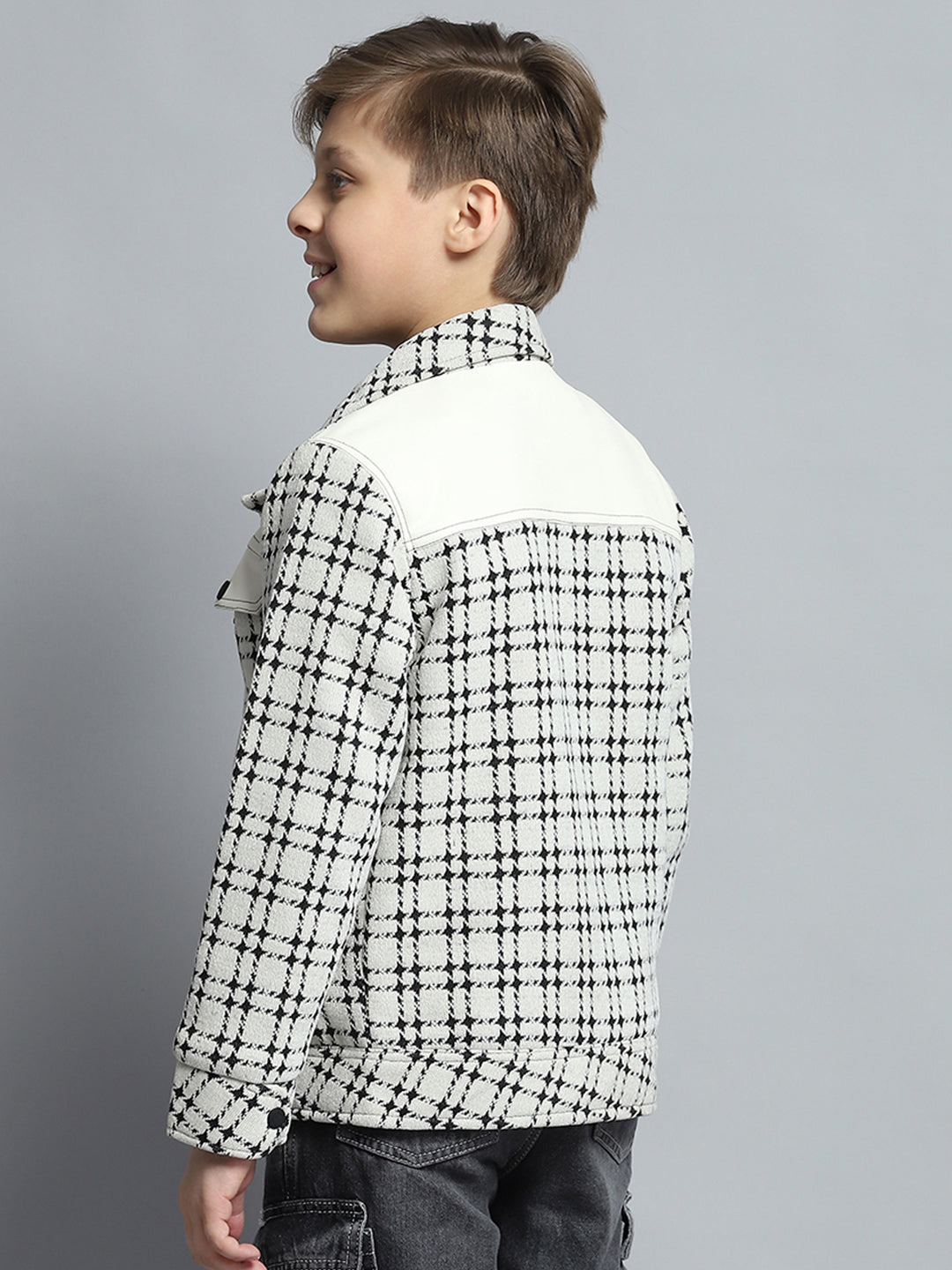 Boys White Check Collar Full Sleeve Jacket