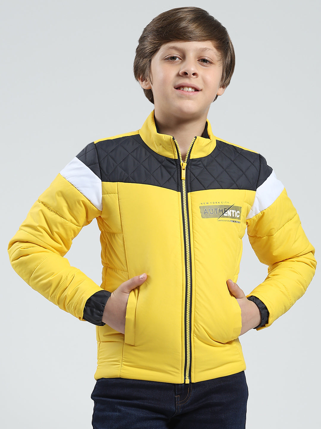Boys Yellow Printed Mock Neck Full Sleeve Jacket