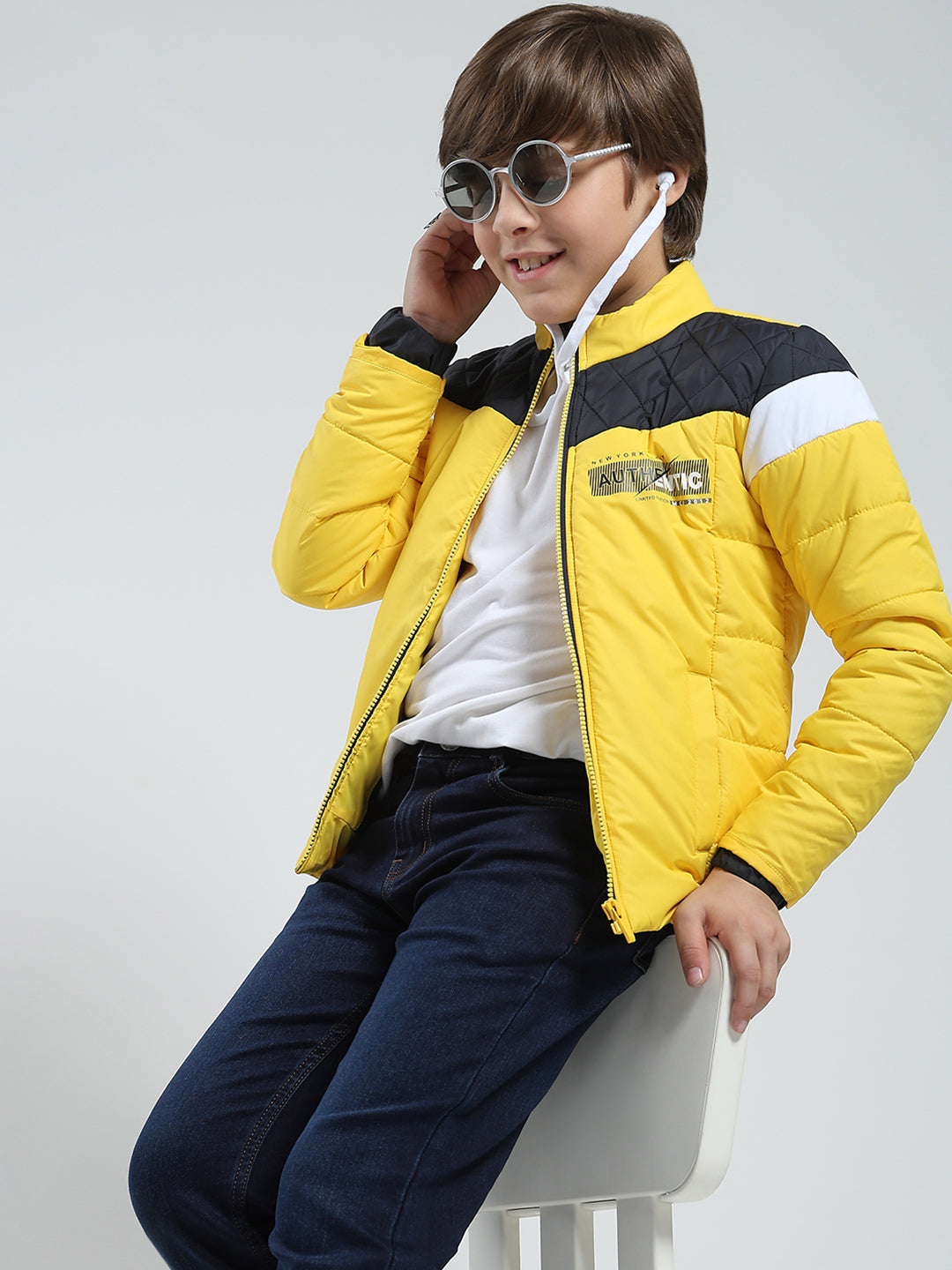 Boys Yellow Printed Mock Neck Full Sleeve Jacket