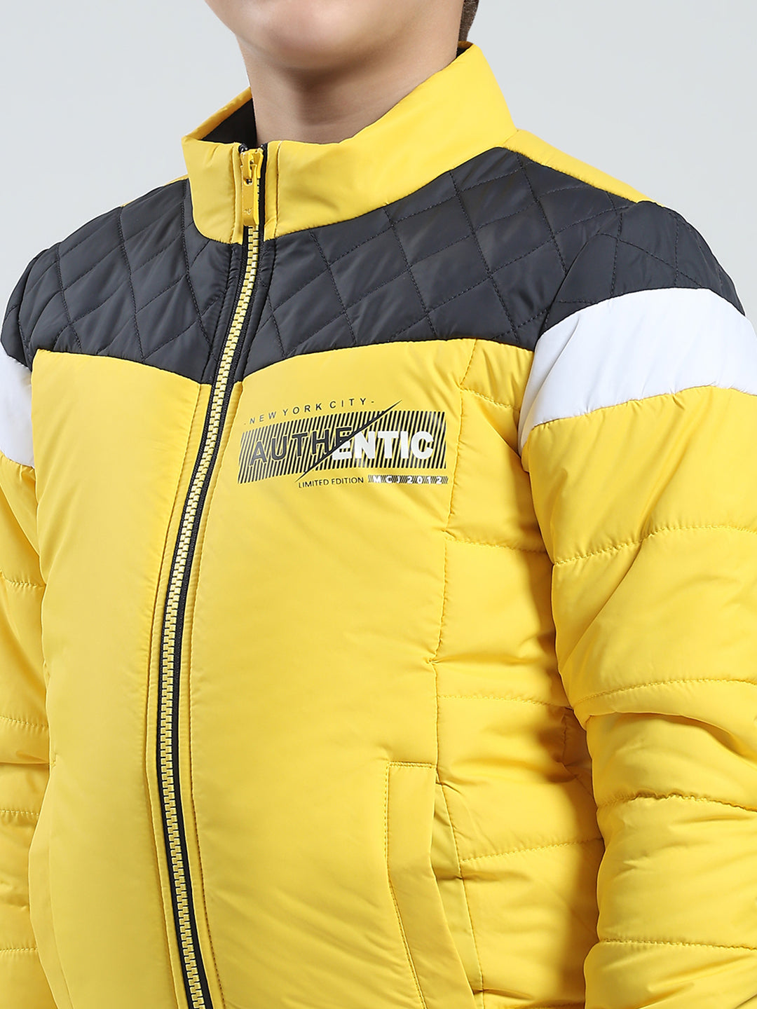 Boys Yellow Printed Mock Neck Full Sleeve Jacket