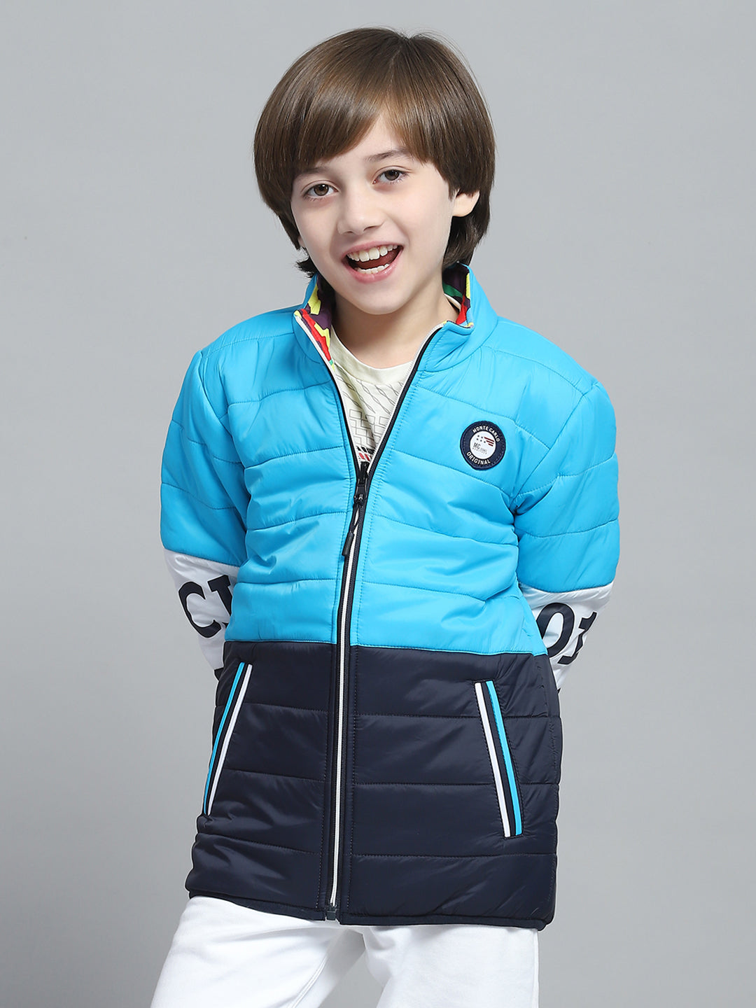 Boys Blue Solid Mock Neck Full Sleeve Reversible Jacket