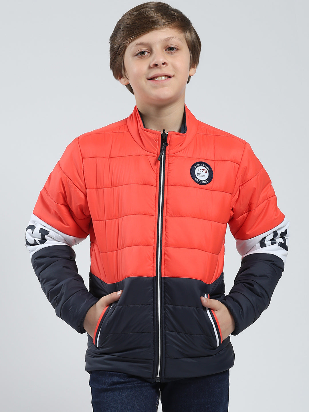 Boys Orange Printed Mock Neck Full Sleeve Reversible Jacket