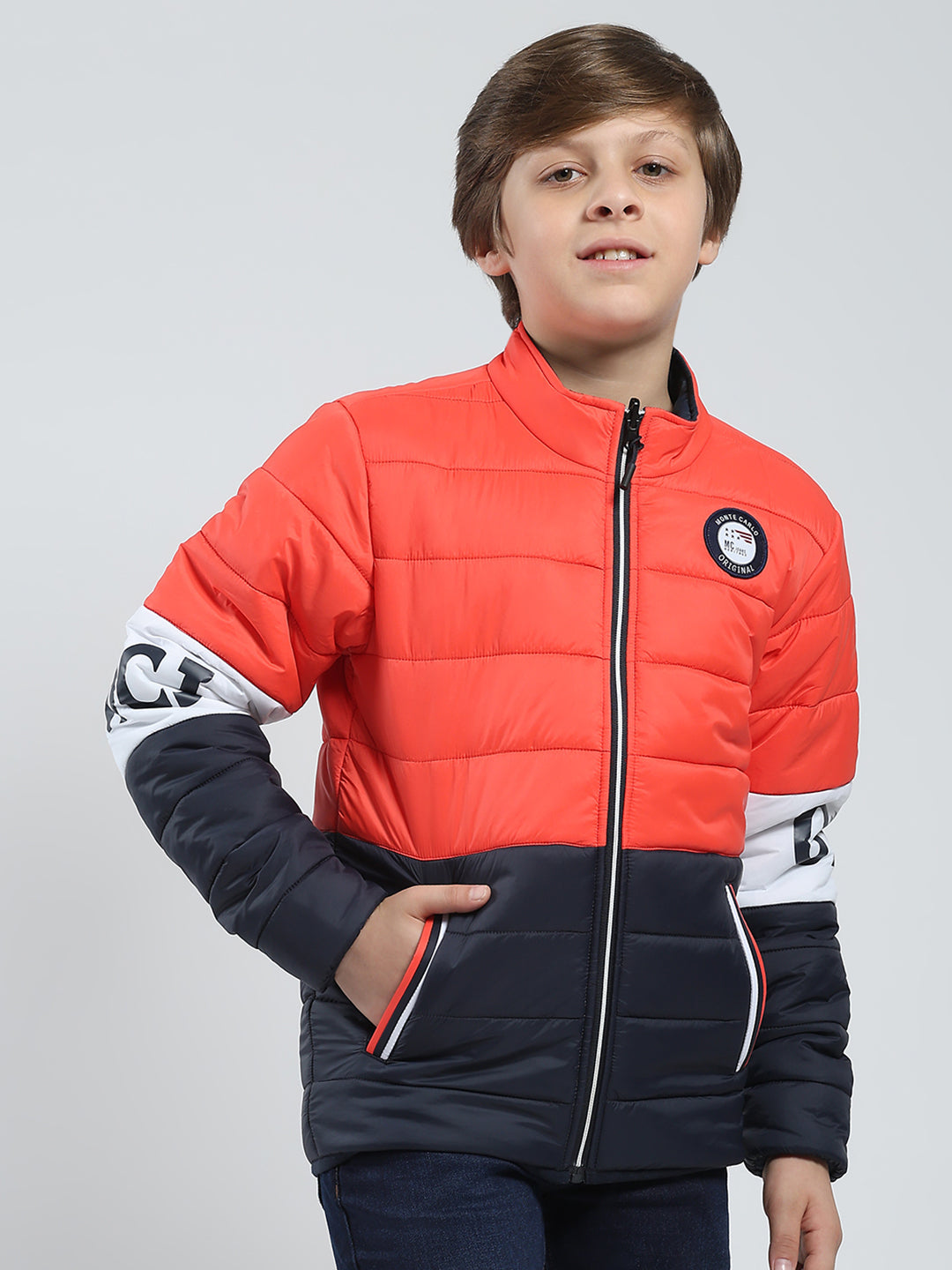 Boys Orange Printed Mock Neck Full Sleeve Reversible Jacket