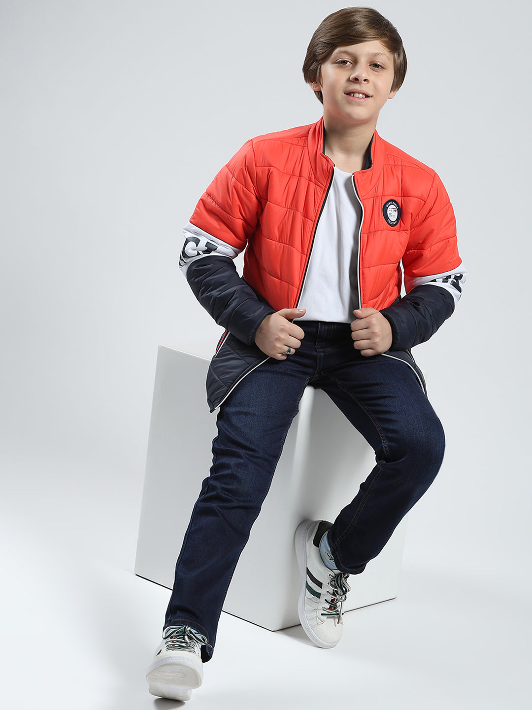 Boys Orange Printed Mock Neck Full Sleeve Reversible Jacket