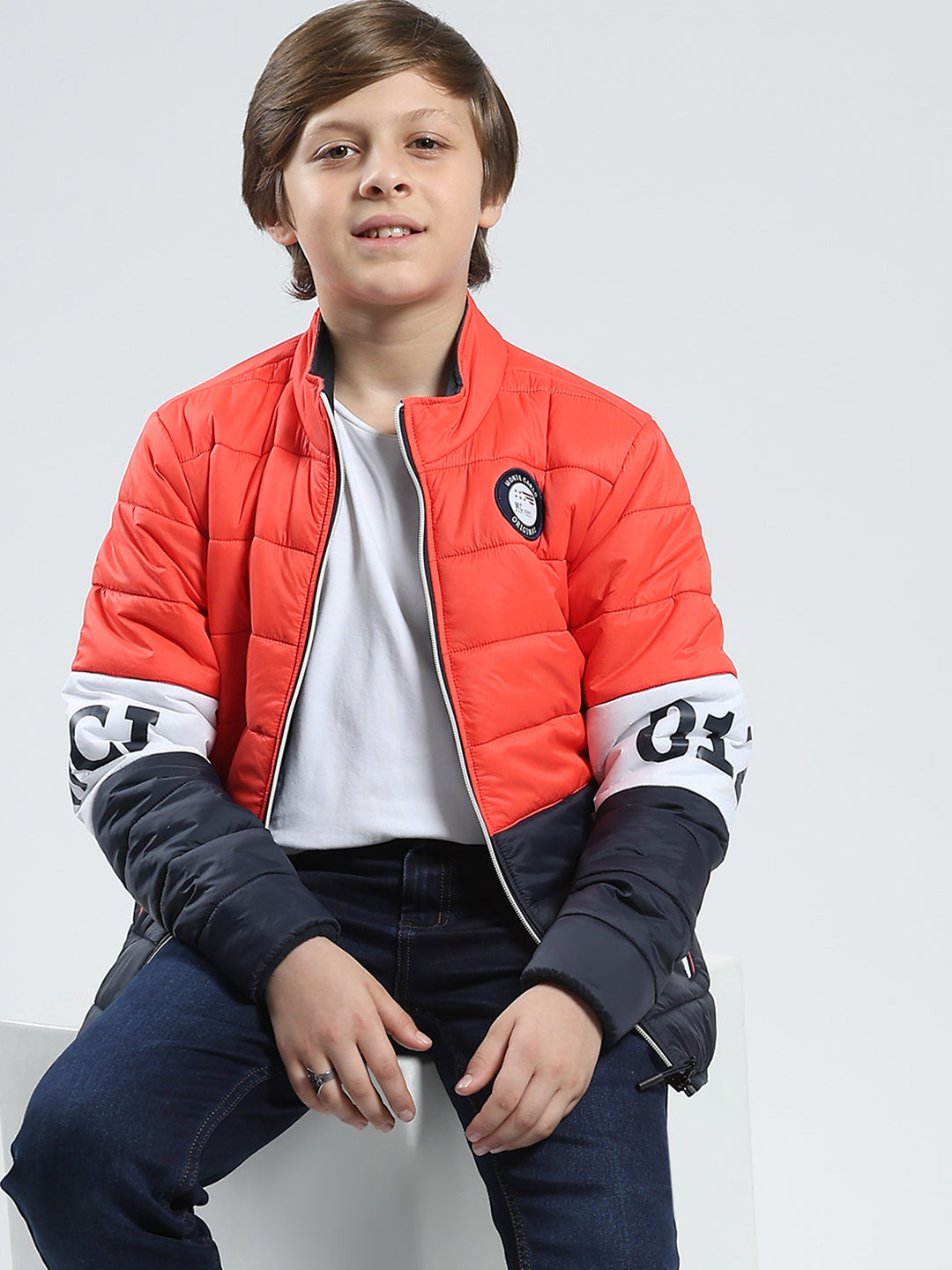 Boys Orange Printed Mock Neck Full Sleeve Reversible Jacket