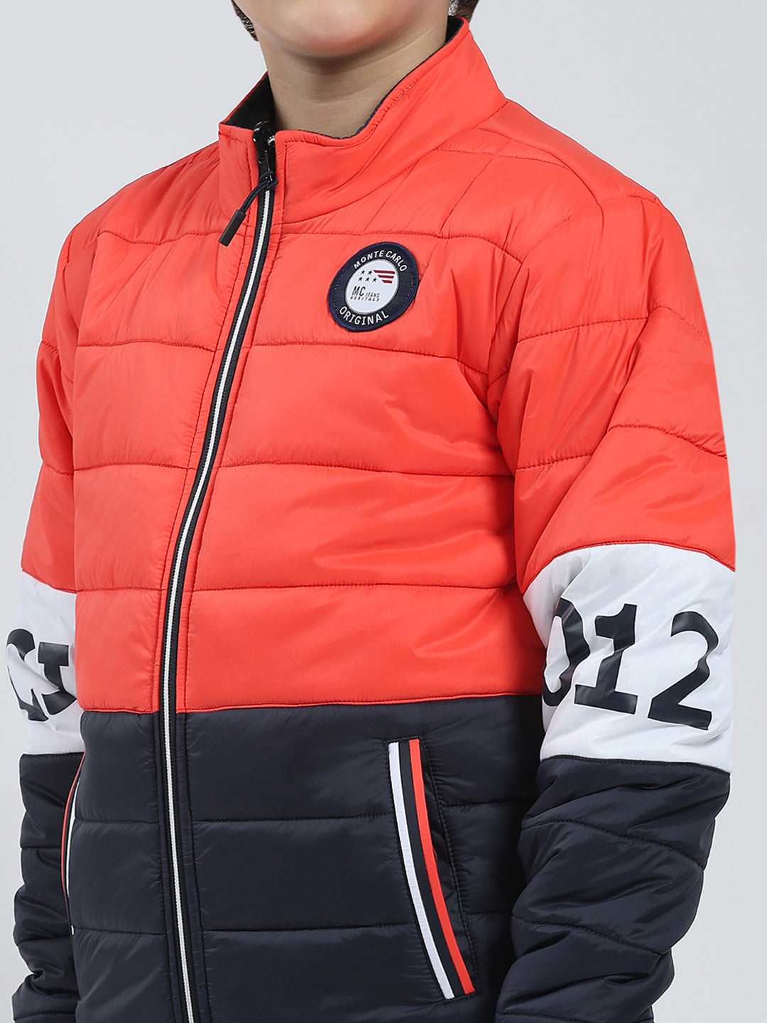 Boys Orange Printed Mock Neck Full Sleeve Reversible Jacket