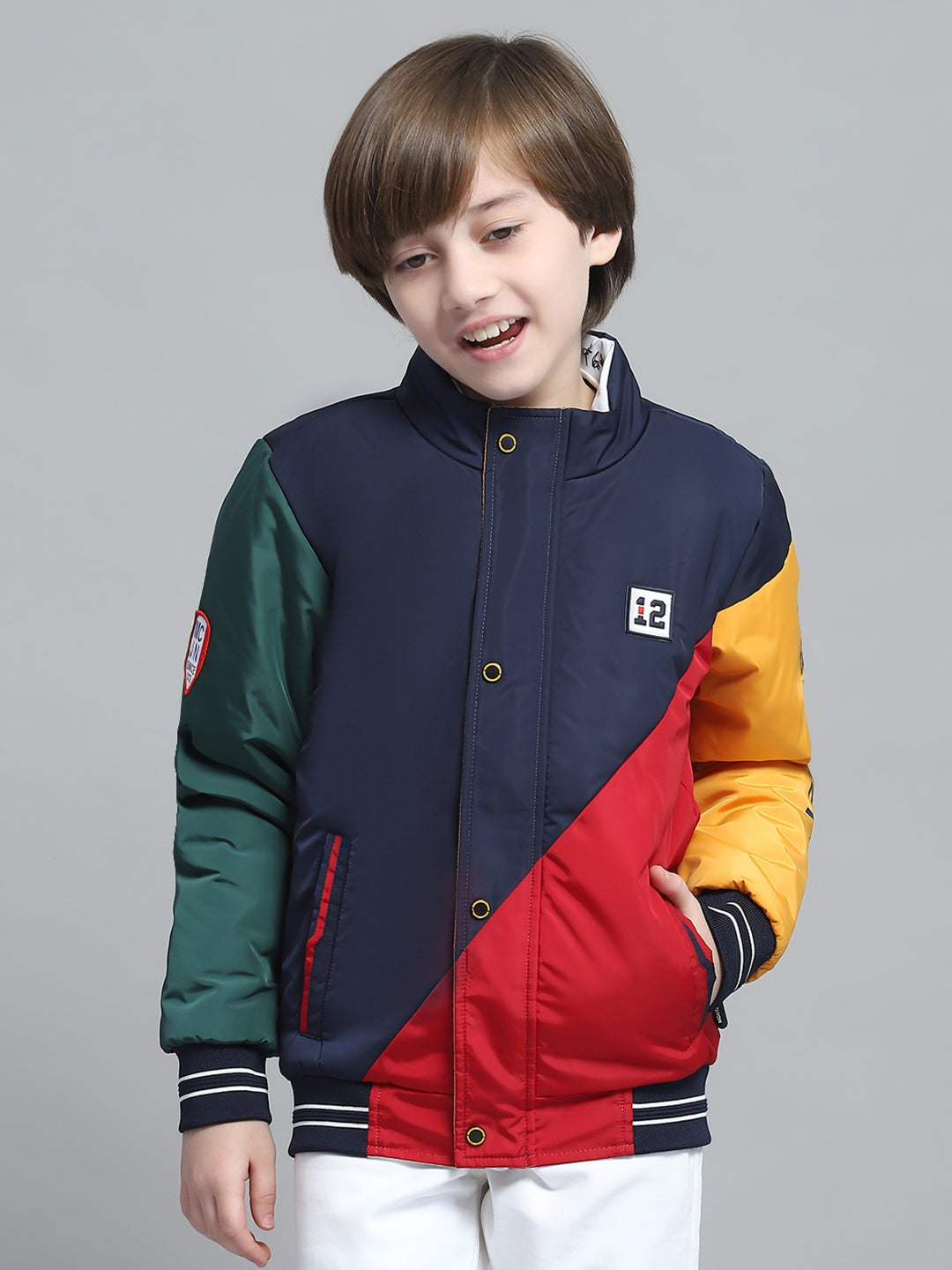 Boys Navy Blue & Red Solid Mock Neck Full Sleeve Reversible Jacket