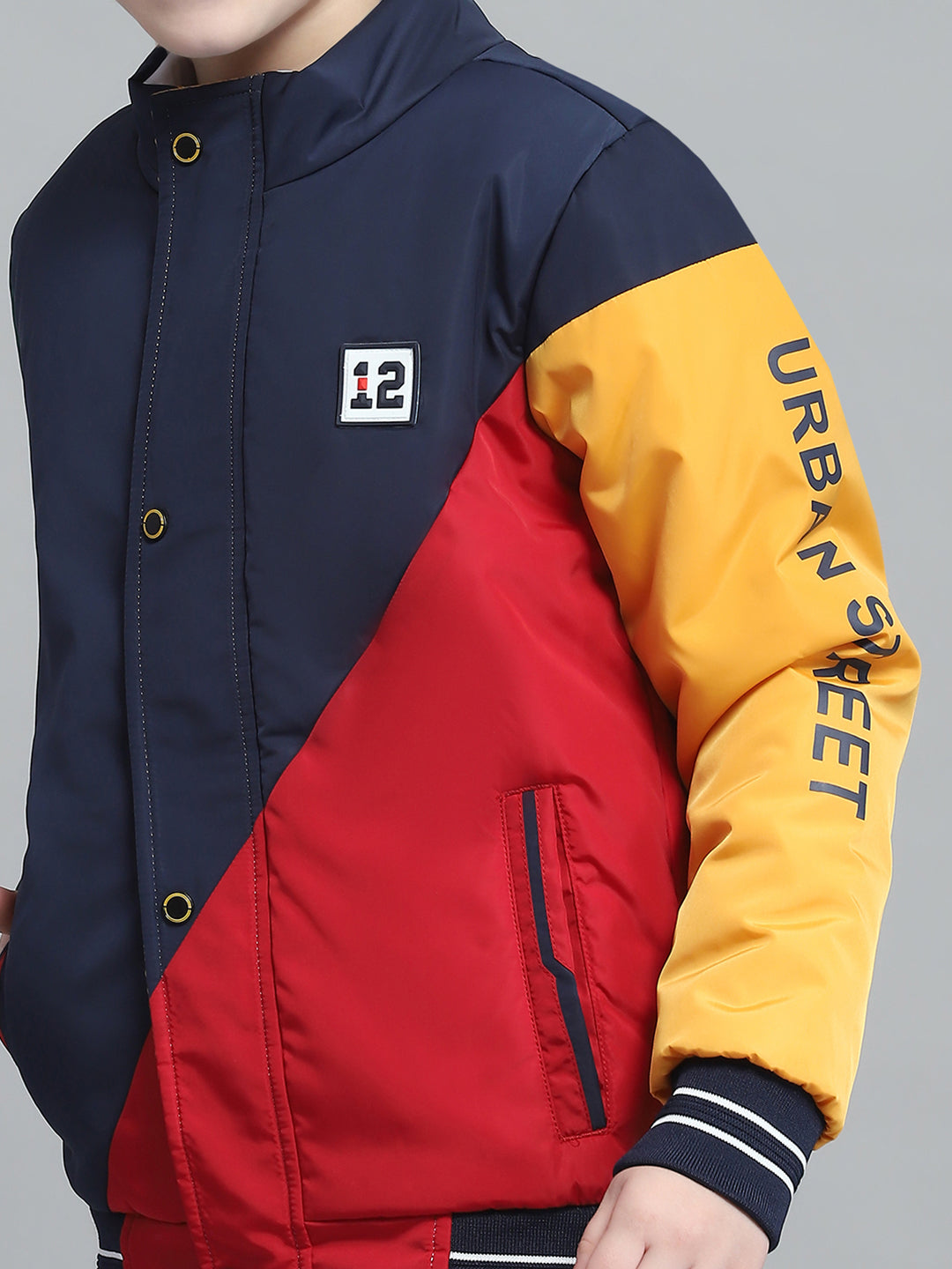 Boys Navy Blue & Red Solid Mock Neck Full Sleeve Reversible Jacket