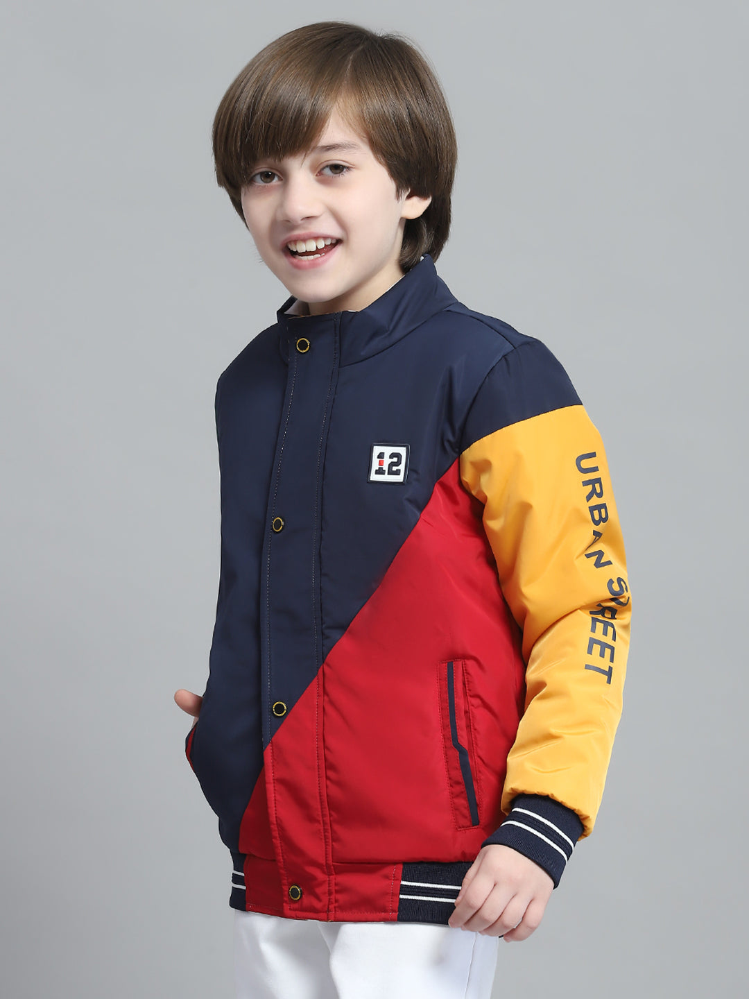 Boys Navy Blue & Red Solid Mock Neck Full Sleeve Reversible Jacket