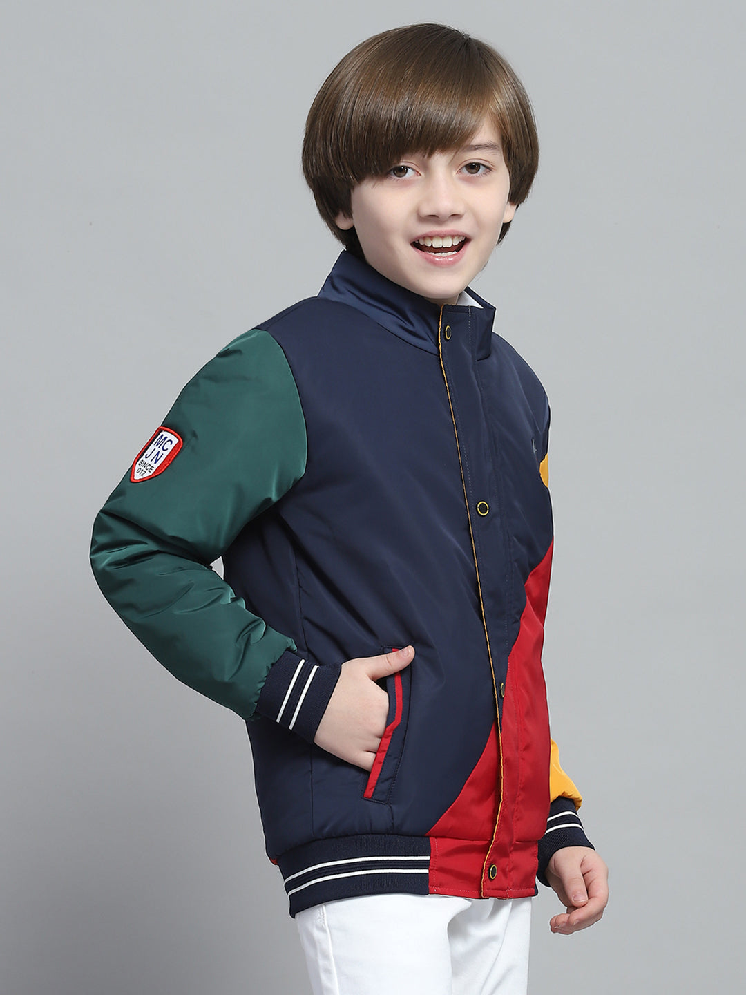 Boys Navy Blue & Red Solid Mock Neck Full Sleeve Reversible Jacket