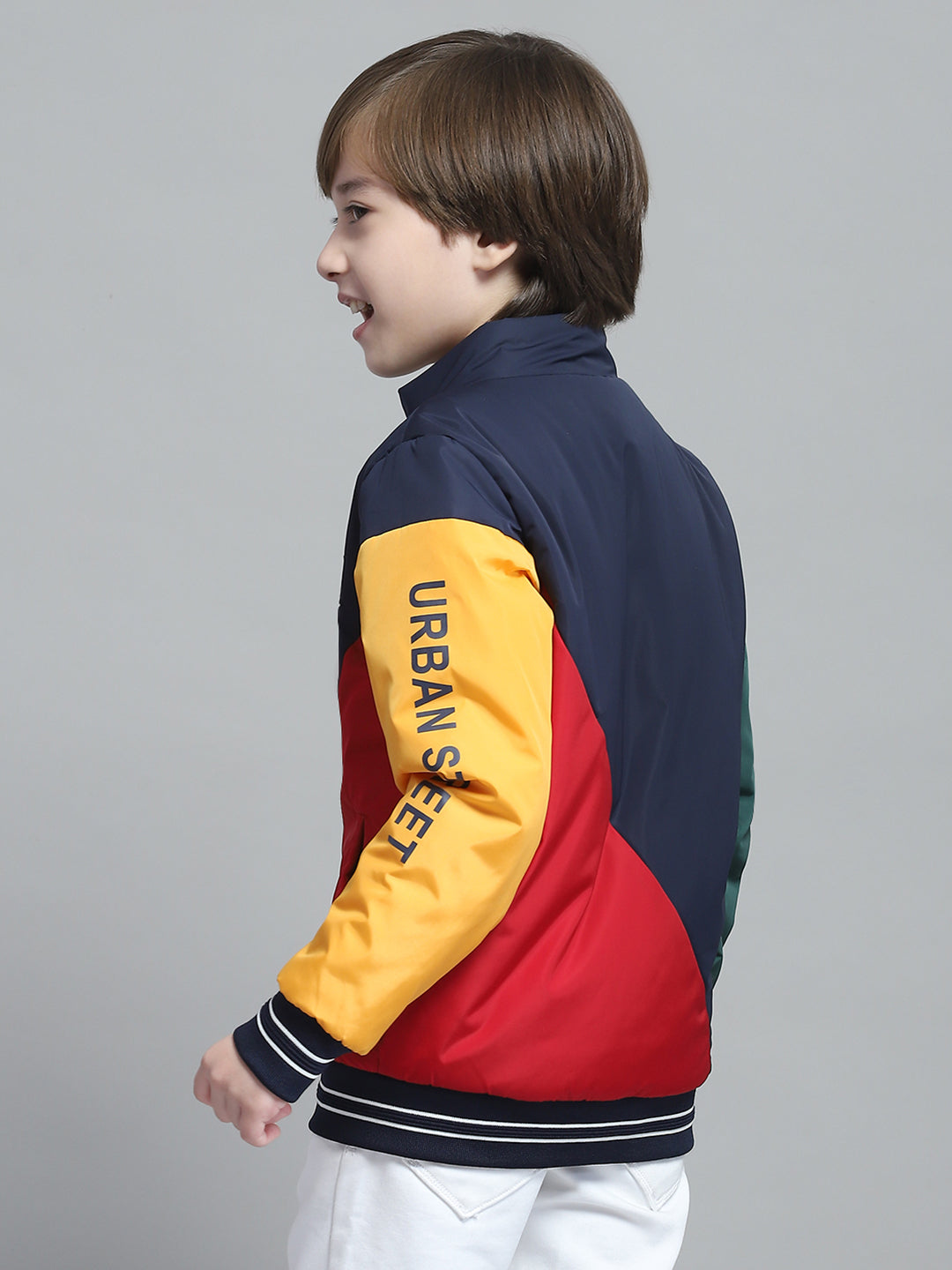 Boys Navy Blue & Red Solid Mock Neck Full Sleeve Reversible Jacket