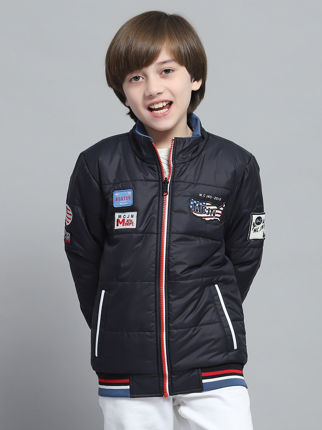 Boys Navy Blue Printed Mock Neck Full Sleeve Reversible Jacket