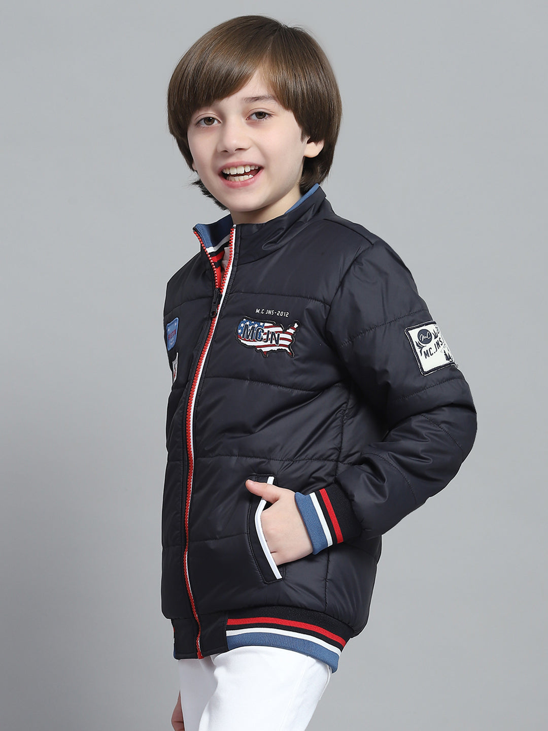 Boys Navy Blue Printed Mock Neck Full Sleeve Reversible Jacket