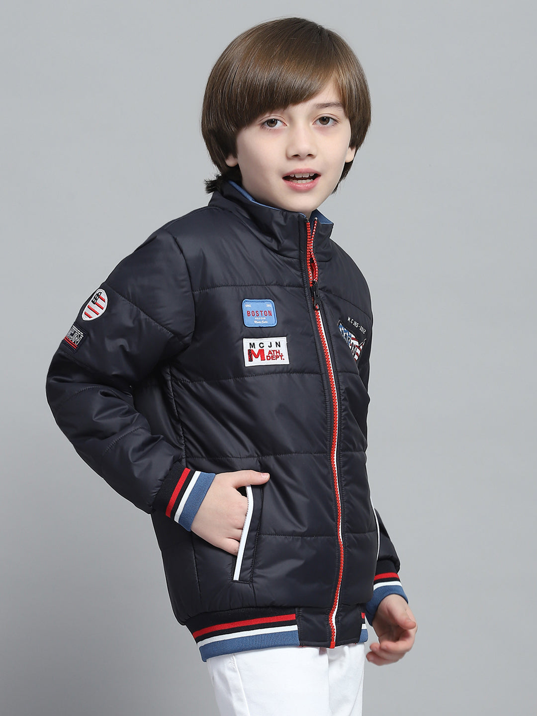 Boys Navy Blue Printed Mock Neck Full Sleeve Reversible Jacket