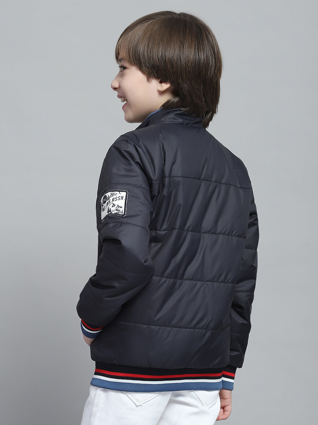 Boys Navy Blue Printed Mock Neck Full Sleeve Reversible Jacket