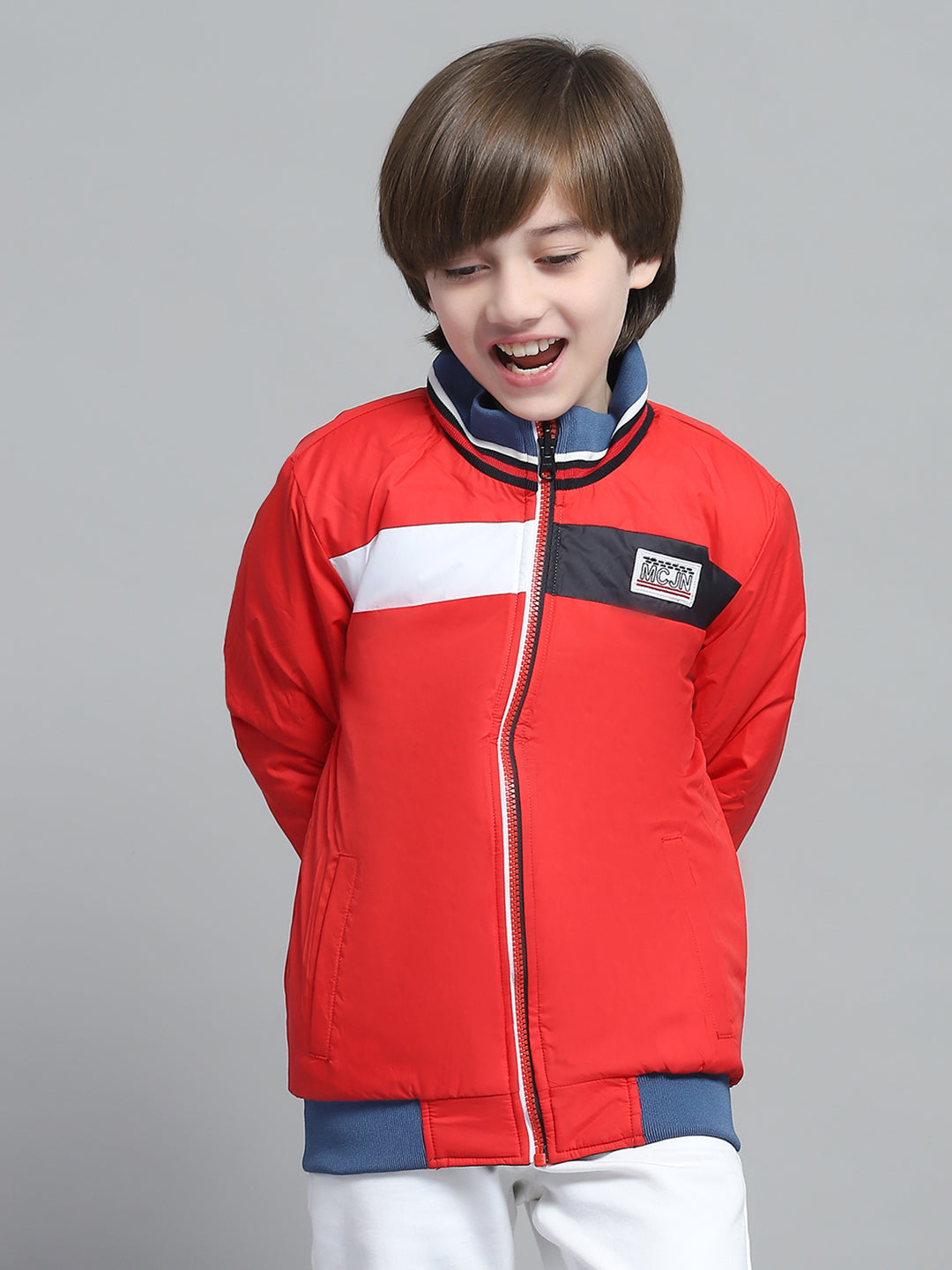 Boys Navy Blue Printed Mock Neck Full Sleeve Reversible Jacket