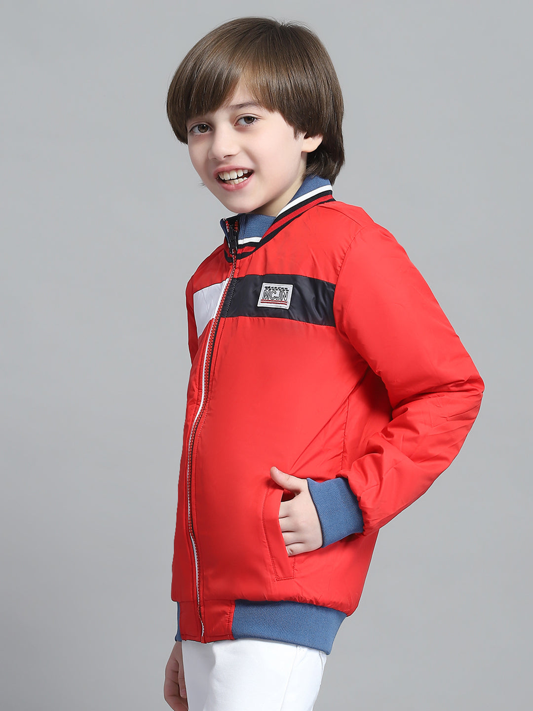 Boys Navy Blue Printed Mock Neck Full Sleeve Reversible Jacket