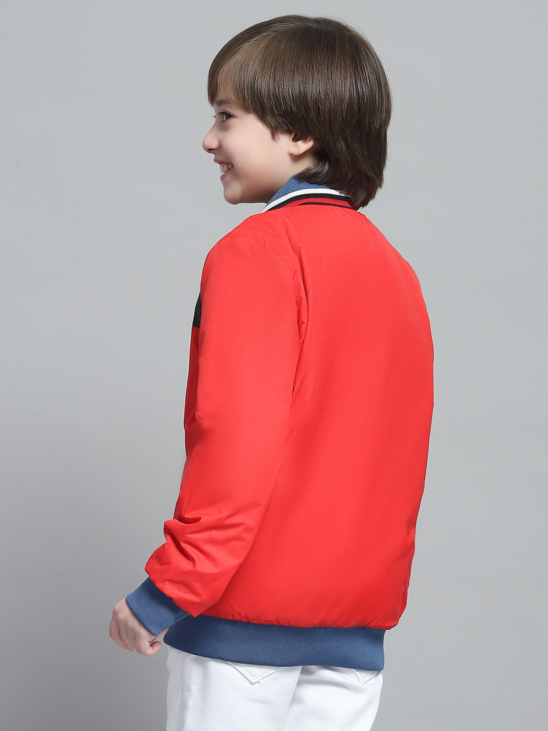 Boys Navy Blue Printed Mock Neck Full Sleeve Reversible Jacket