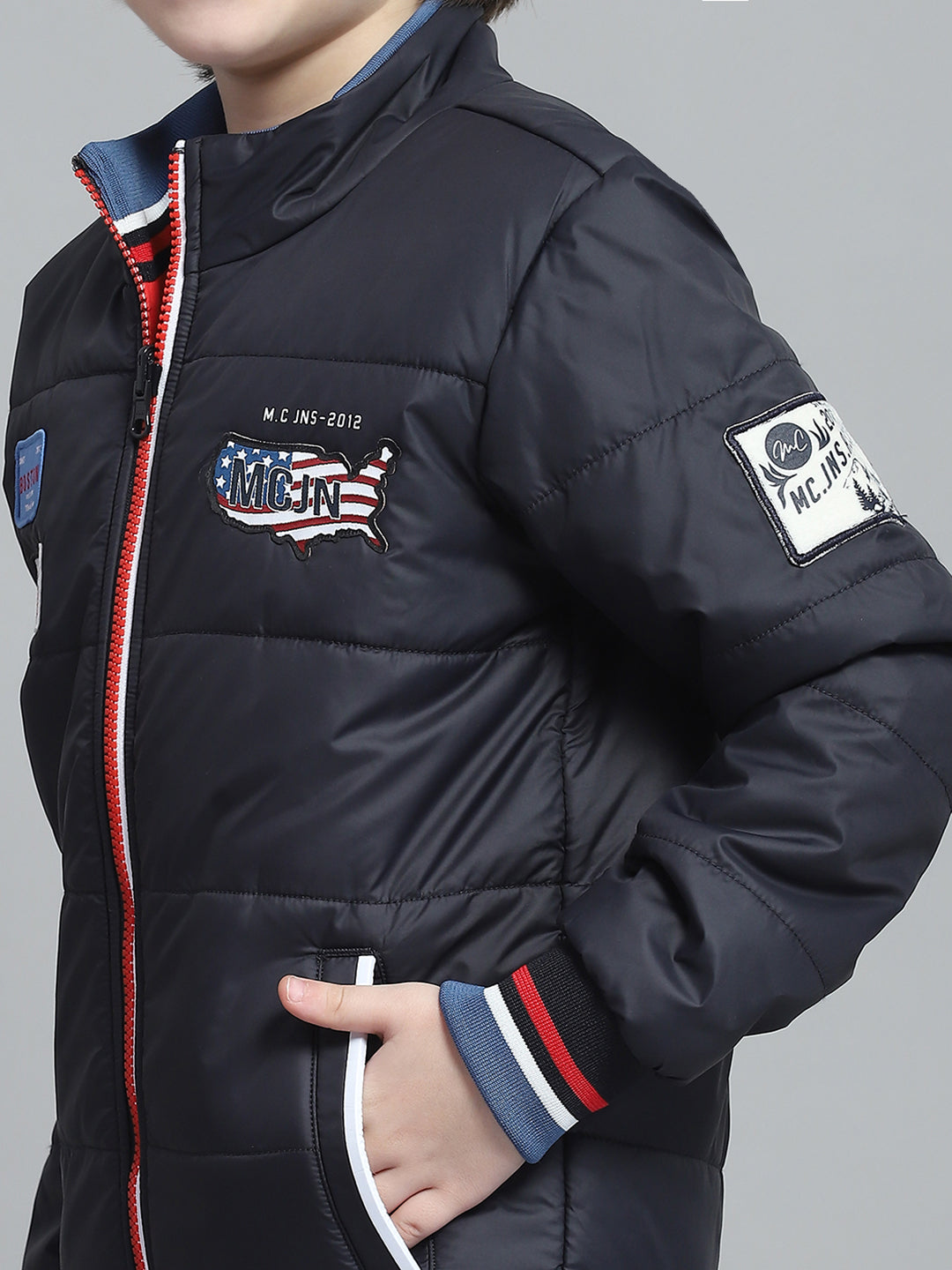 Boys Navy Blue Printed Mock Neck Full Sleeve Reversible Jacket