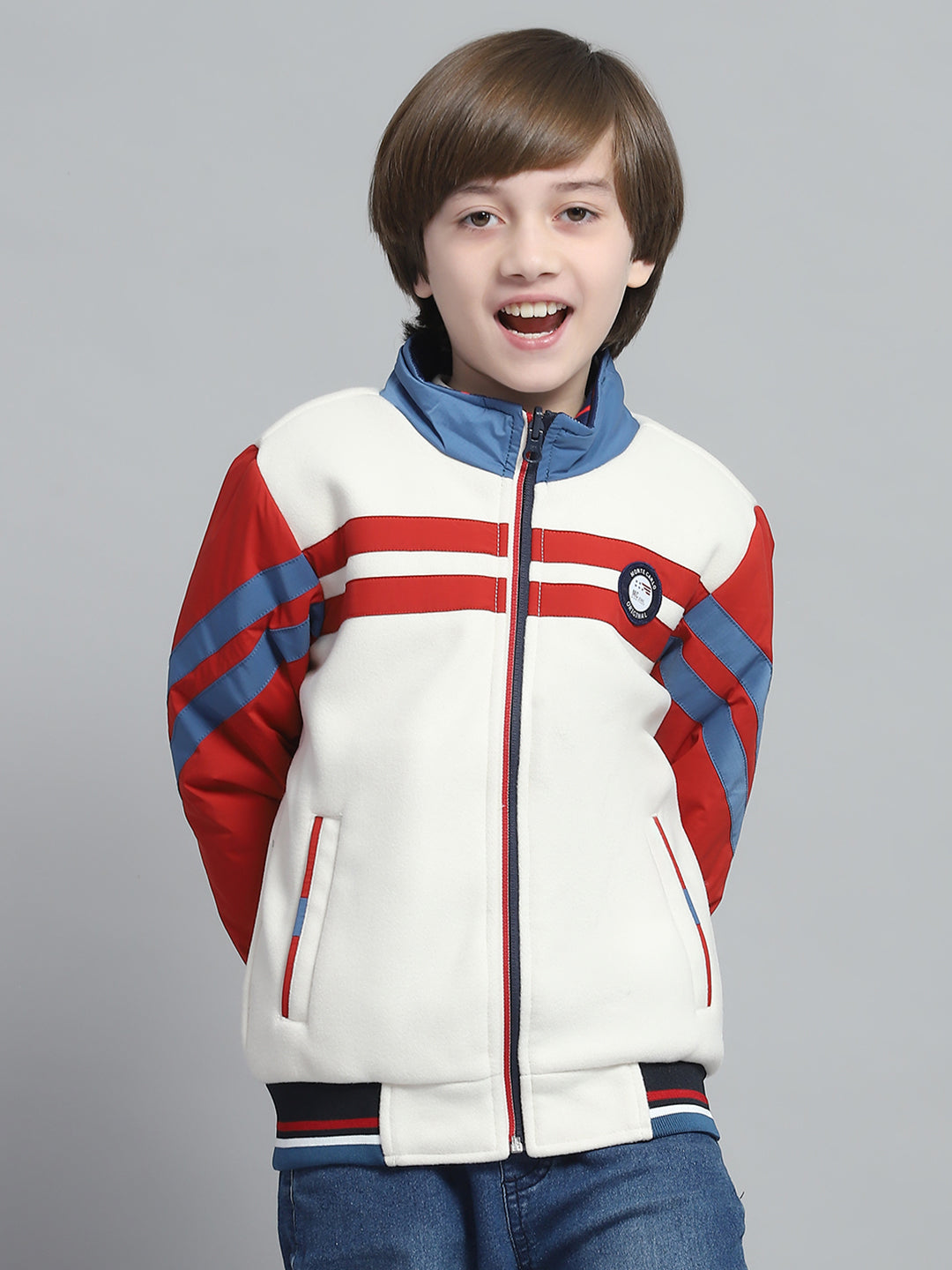Boys White & Rust Printed Mock Neck Full Sleeve Reversible Jacket