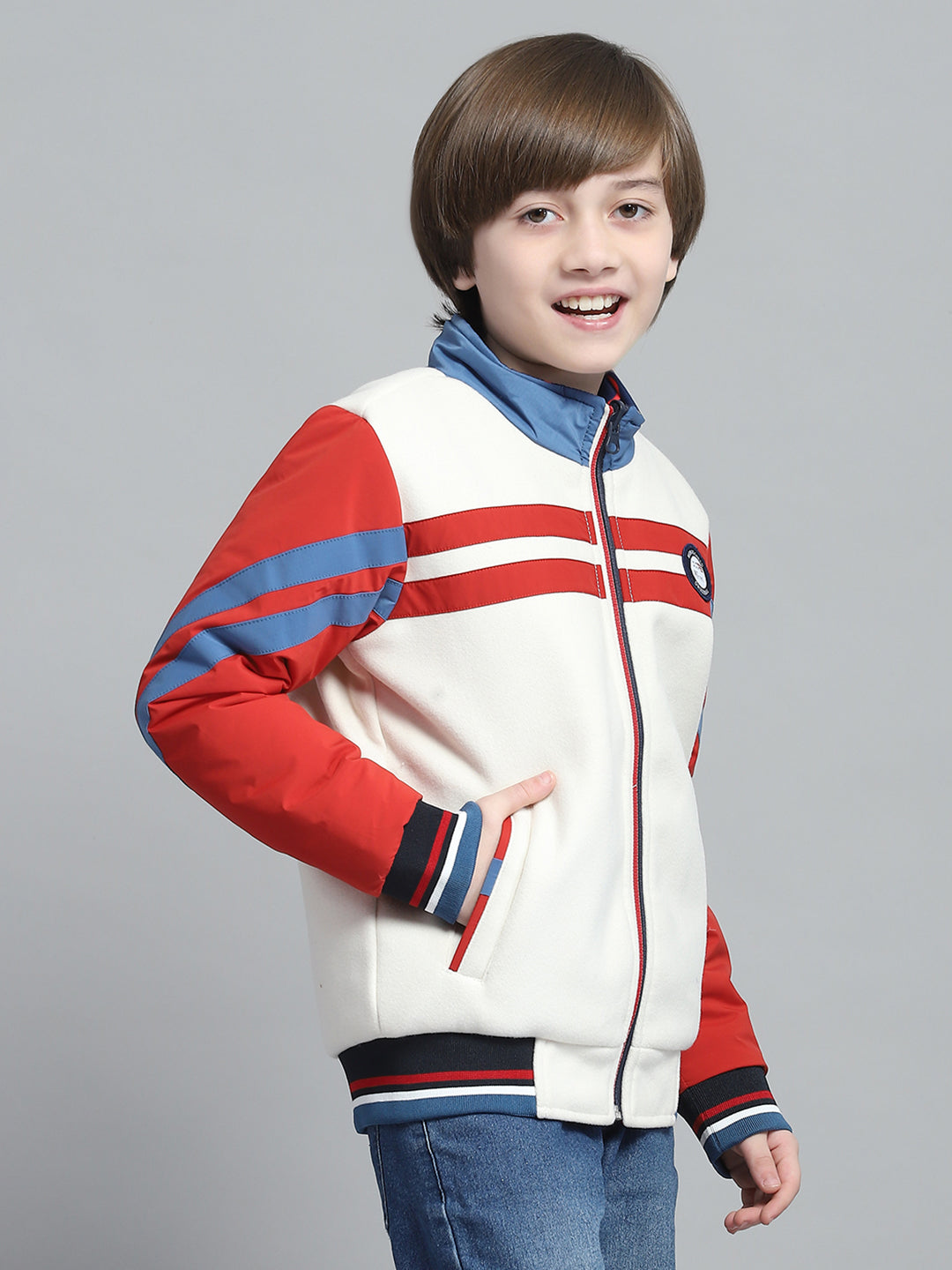 Boys White & Rust Printed Mock Neck Full Sleeve Reversible Jacket