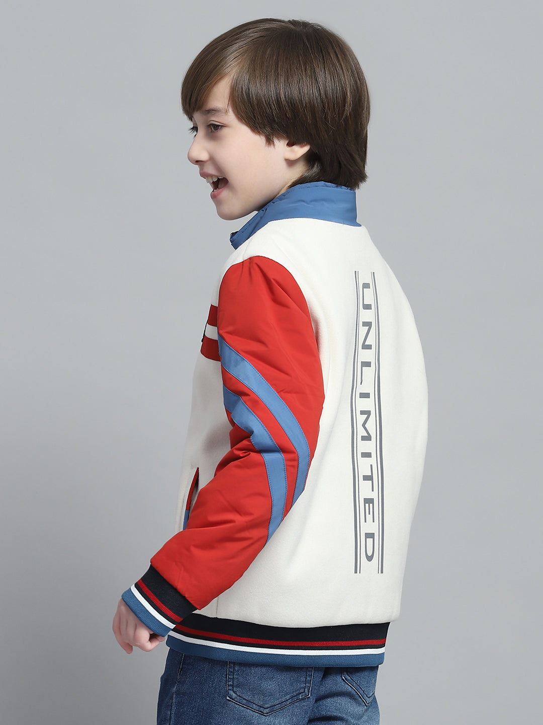 Boys White & Rust Printed Mock Neck Full Sleeve Reversible Jacket