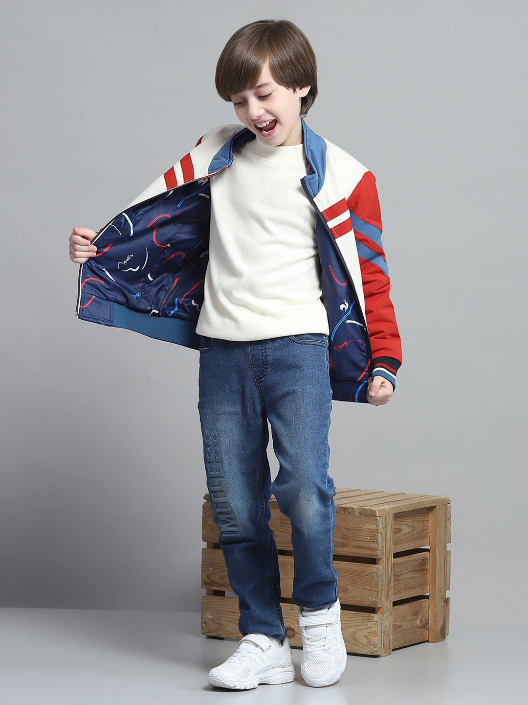 Boys White & Rust Printed Mock Neck Full Sleeve Reversible Jacket