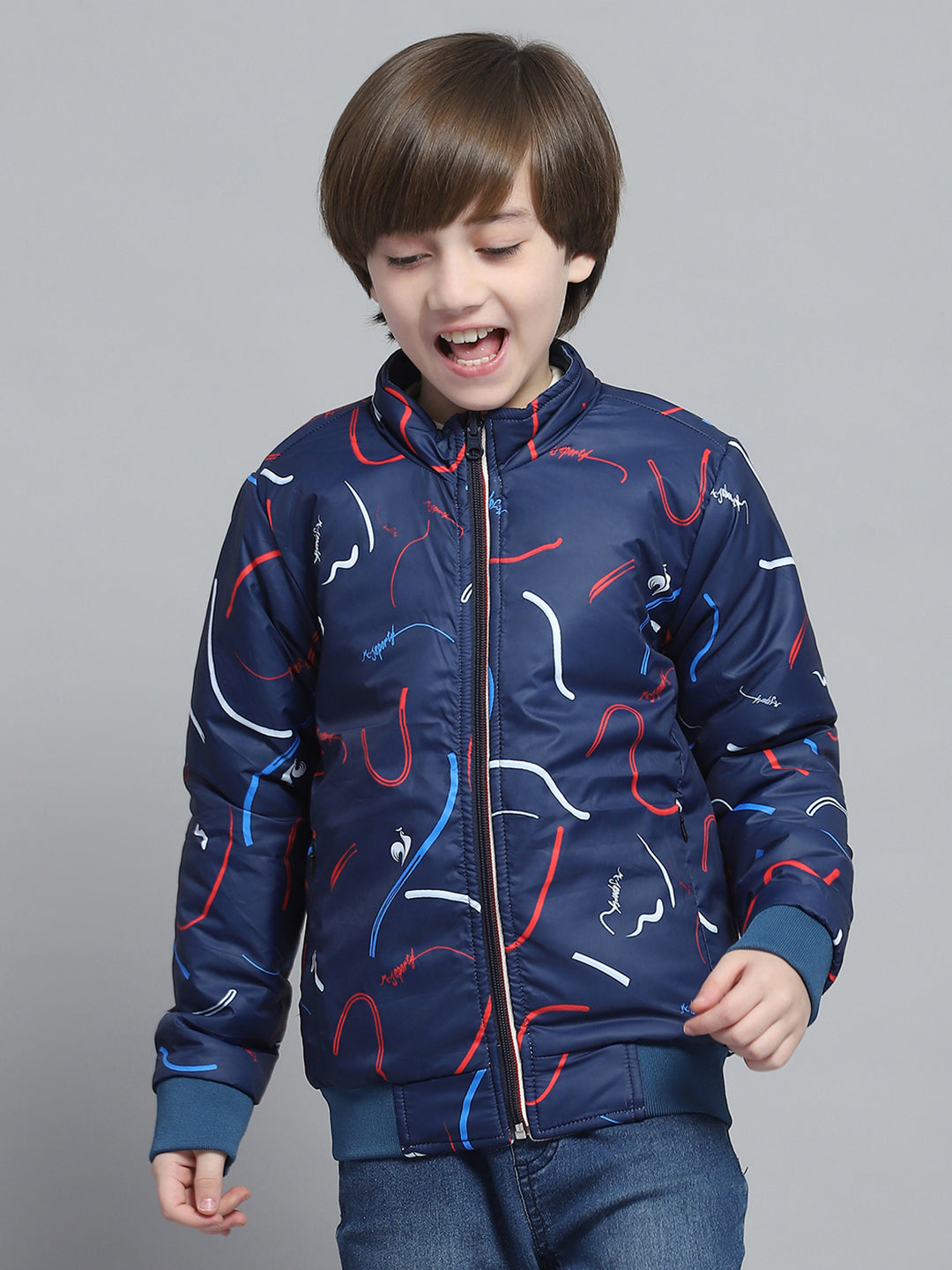 Boys White & Rust Printed Mock Neck Full Sleeve Reversible Jacket